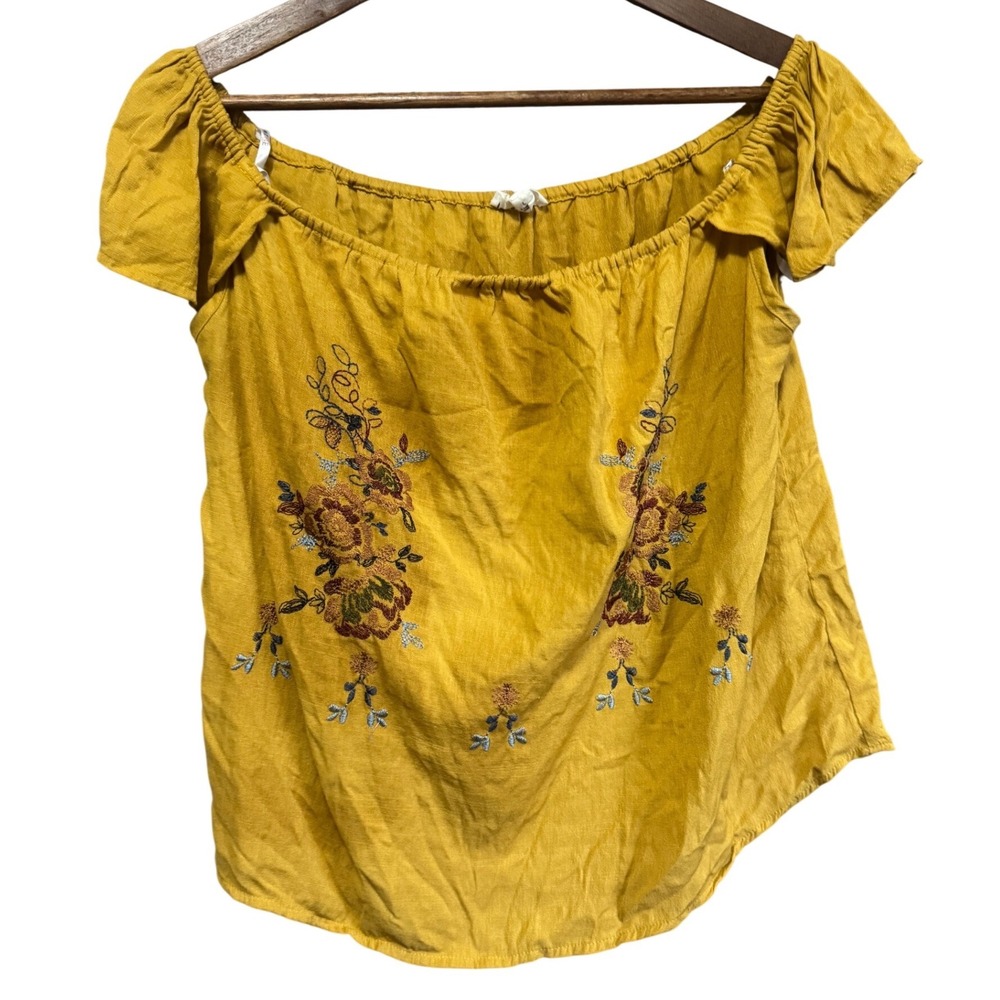 MINE Off The Shoulder Top Womens Large Mustard Yellow Floral Embroidered